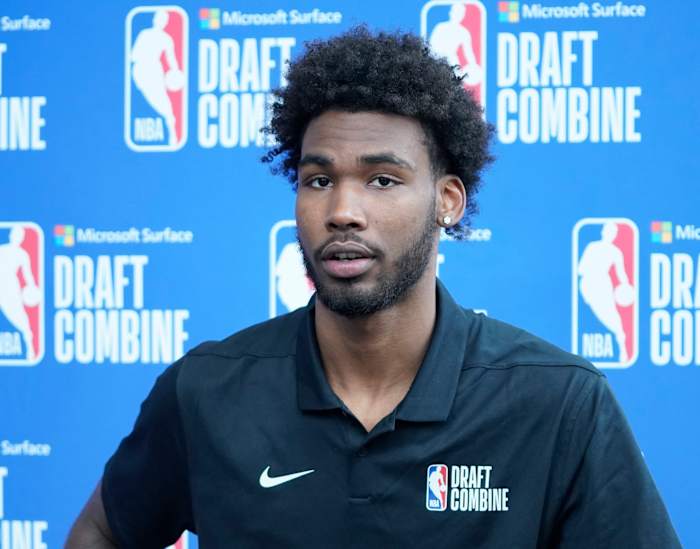Tari Eason talks to the media during the 2022 NBA Draft Combine at Wintrust Arena.